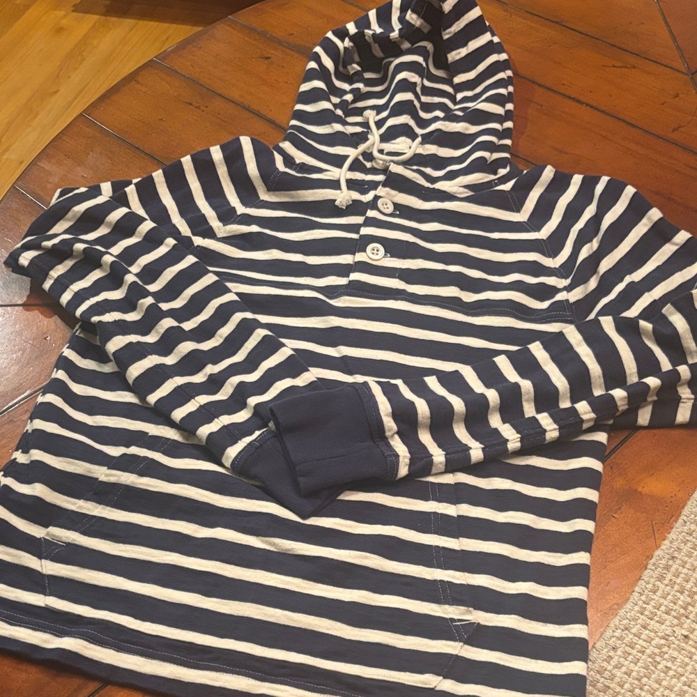 J Crew Men’s Navy and White Striped Men's Hoodie - Slub Cotton Yarns